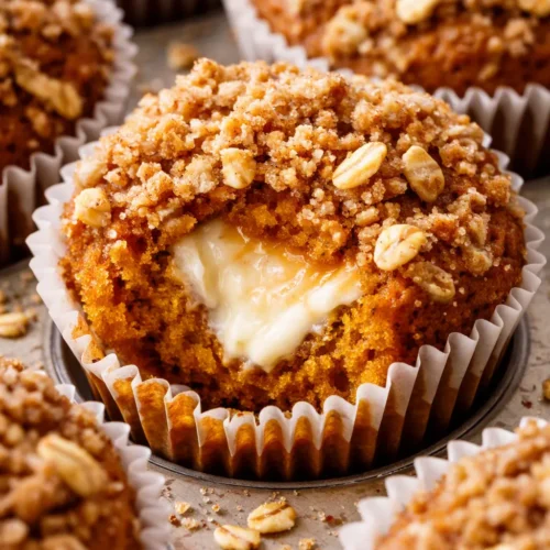 Pumpkin streusel cream cheese muffins with golden crumble topping and creamy cheese filling, warm fall colors