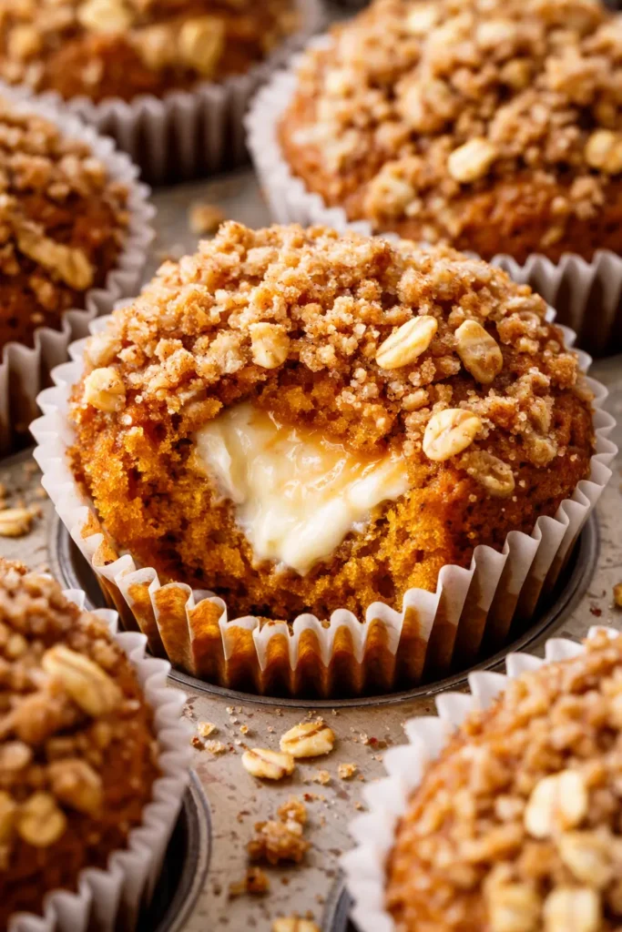 Pumpkin streusel cream cheese muffins with golden crumble topping and creamy cheese filling, warm fall colors