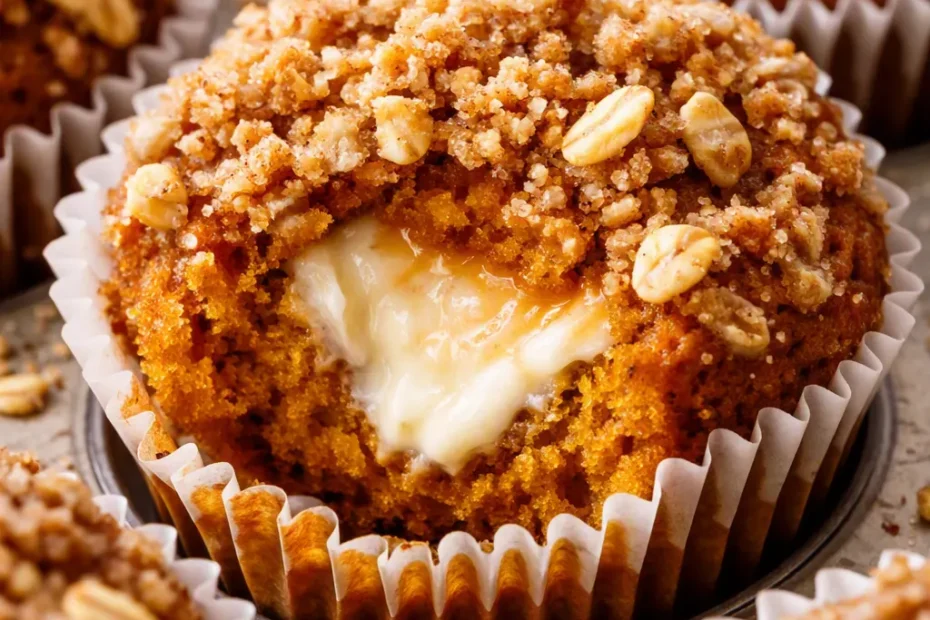 Pumpkin streusel cream cheese muffins with golden crumble topping and creamy cheese filling, warm fall colors