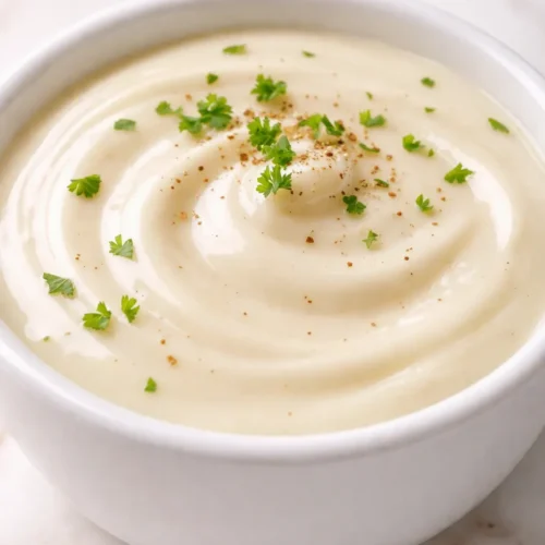 Silky creamy garlic sauce with smooth pale golden texture and flecks of garlic, drizzled over a plated dish.