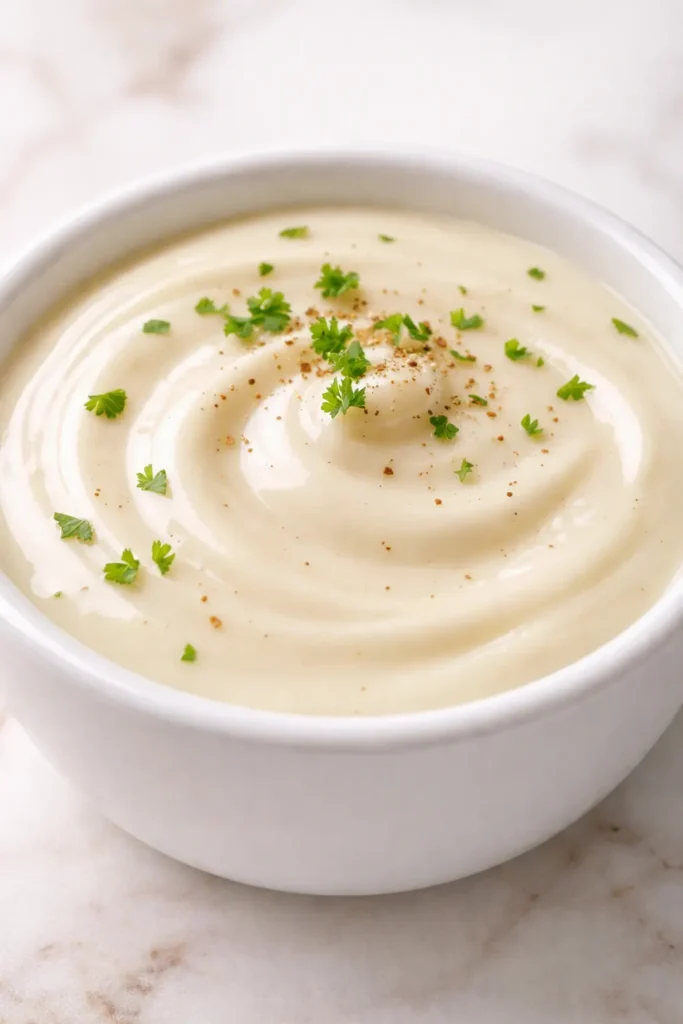 Silky creamy garlic sauce with smooth pale golden texture and flecks of garlic, drizzled over a plated dish.