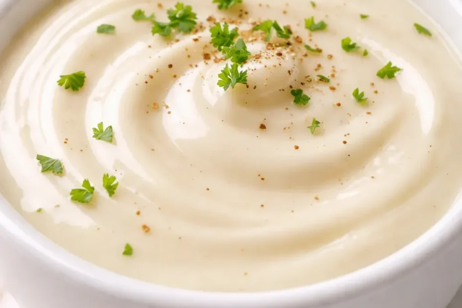 Silky creamy garlic sauce with smooth pale golden texture and flecks of garlic, drizzled over a plated dish.