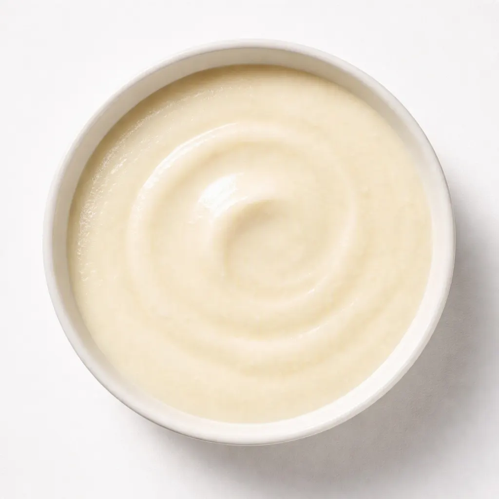 Potato leek soup simmering in a pot, creamy pale green color, silky texture with soft leeks and potato chunks.