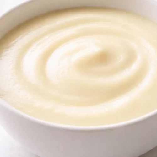 Silky potato leek soup with creamy pale yellow texture, garnished with fresh chives and a drizzle of cream, served in a rustic bowl.