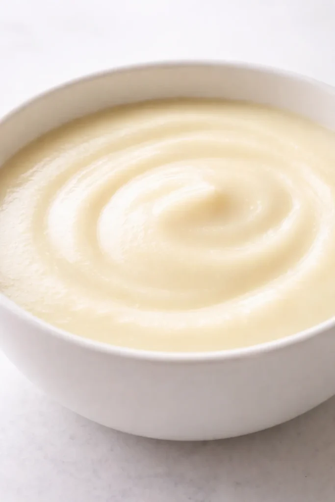 Silky potato leek soup with creamy pale yellow texture, garnished with fresh chives and a drizzle of cream, served in a rustic bowl.