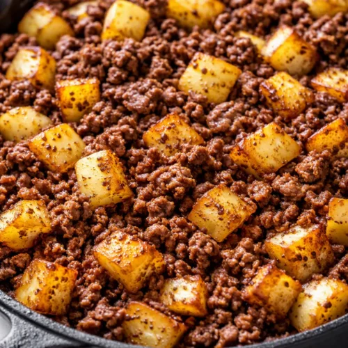 Crispy skillet ground beef and potatoes in a cast iron skillet, featuring golden-brown diced potatoes and savory beef, garnished with fresh parsley.