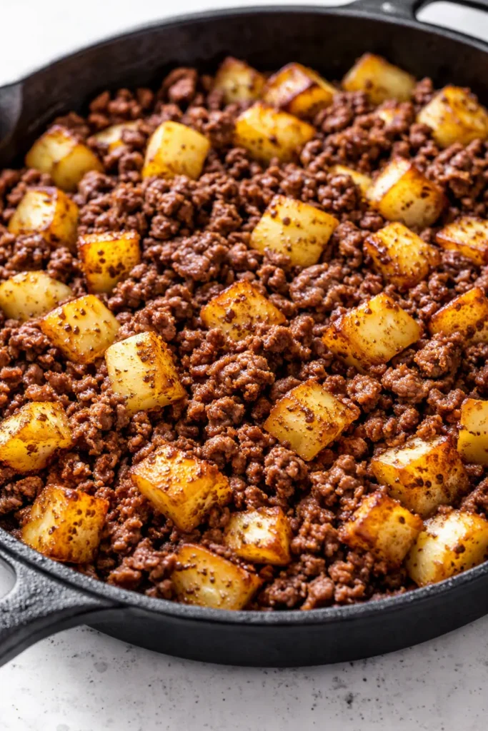 Crispy skillet ground beef and potatoes in a cast iron skillet, featuring golden-brown diced potatoes and savory beef, garnished with fresh parsley.