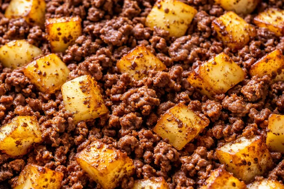 Crispy skillet ground beef and potatoes in a cast iron skillet, featuring golden-brown diced potatoes and savory beef, garnished with fresh parsley.