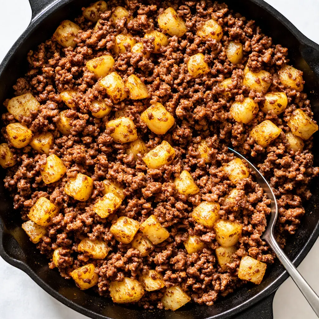 Sizzling skillet ground beef and crispy potatoes with golden-brown edges, steam rising from a hot pan.