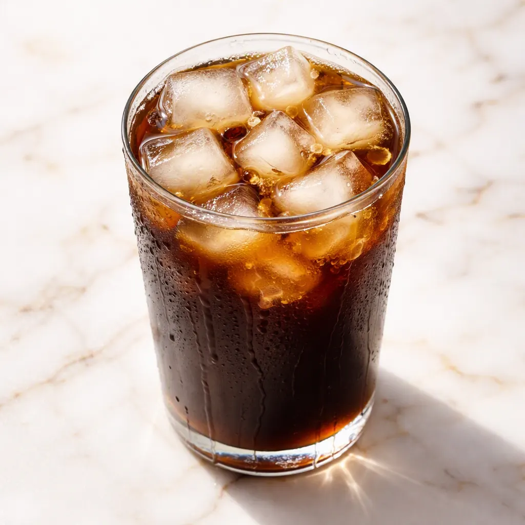 Pouring homemade Starbucks iced coffee copycat over a glass of ice, dark brown and smooth with a creamy swirl.