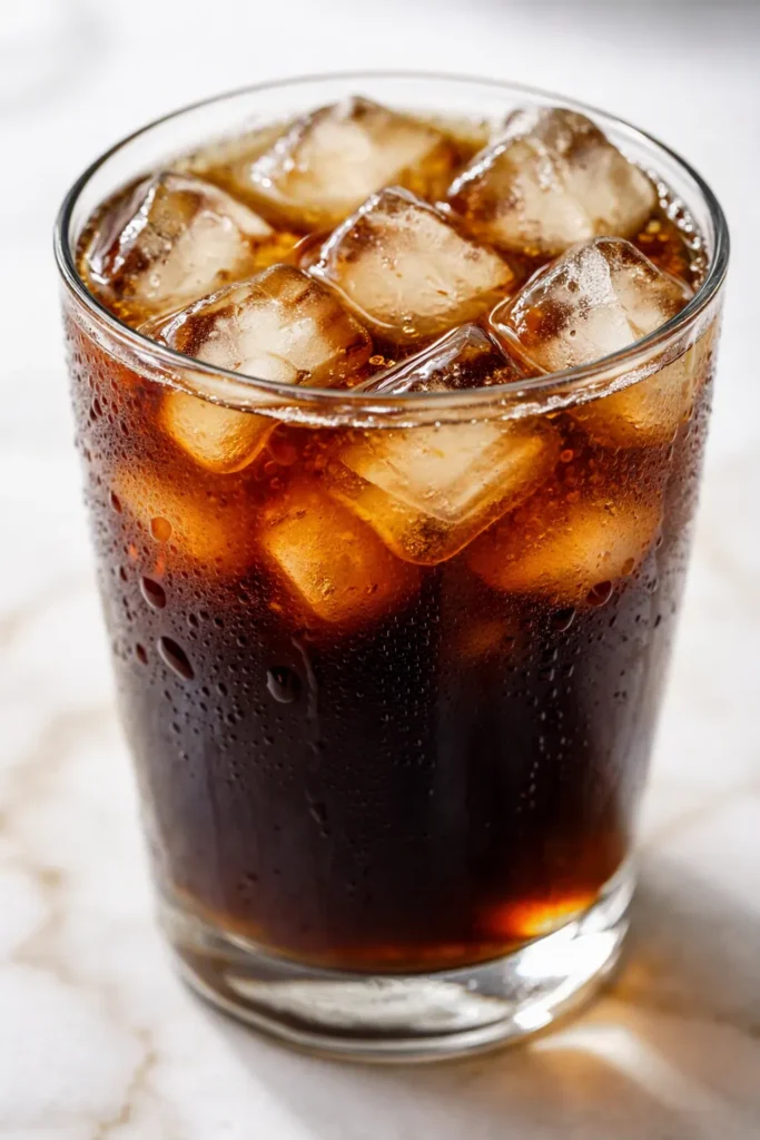 Homemade iced coffee copycat in a tall glass, dark brown with creamy swirl and ice cubes