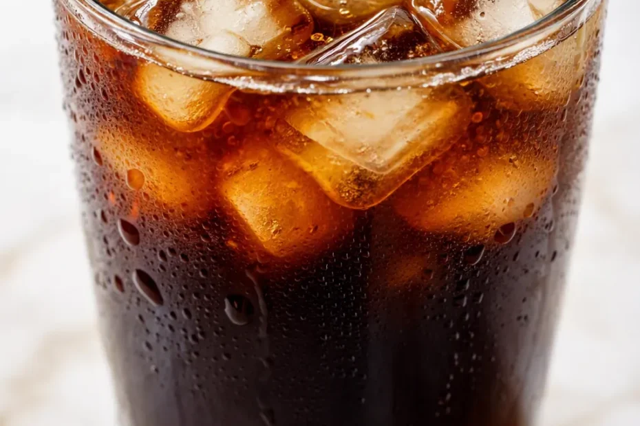 Homemade iced coffee copycat in a tall glass, dark brown with creamy swirl and ice cubes