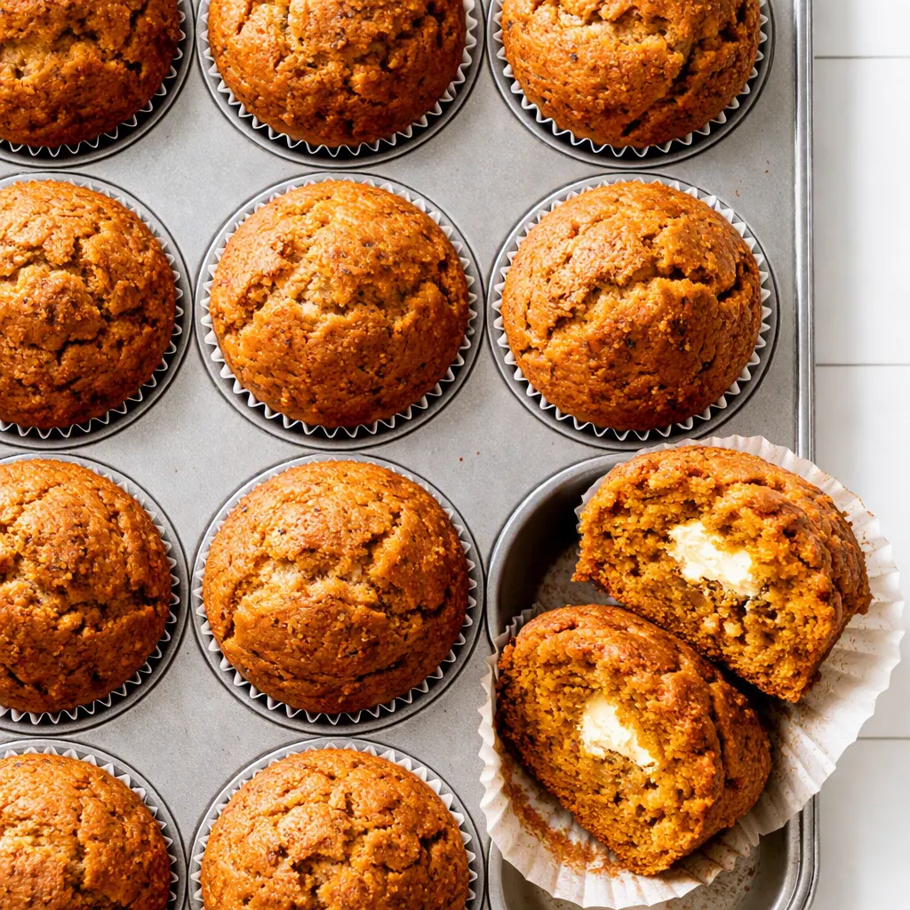 Scooping cream cheese filling into spiced pumpkin muffin batter for Starbucks pumpkin cream cheese muffins, golden and creamy.