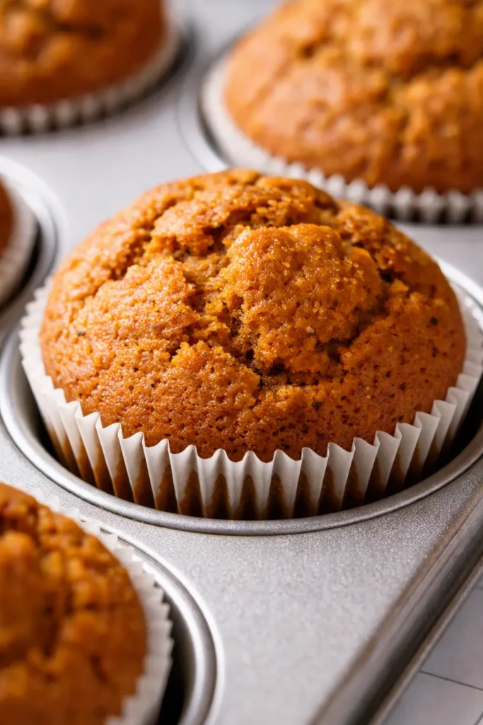 Two Starbucks pumpkin cream cheese muffins with golden-brown sugar tops and rich, creamy cheesecake swirl centers.