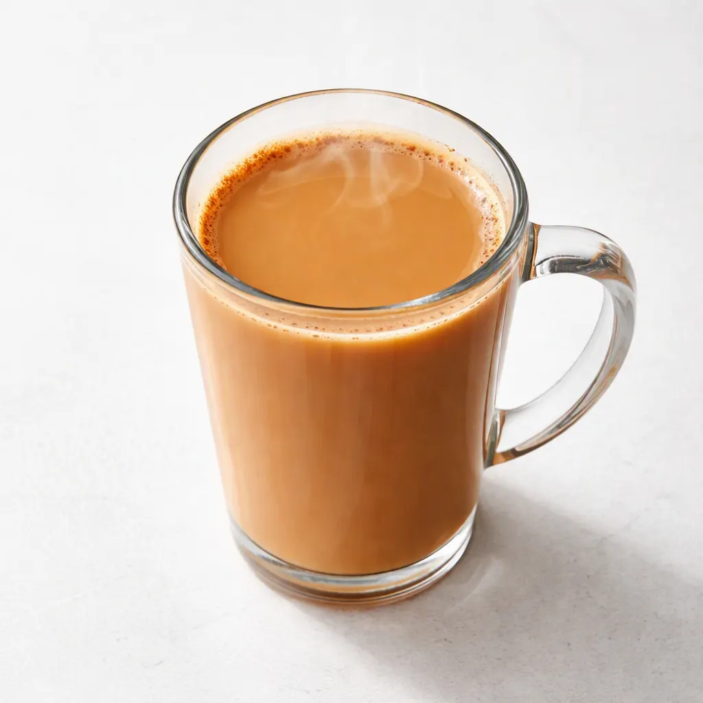 Smooth golden orange cinnamon milk tea being stirred in a glass pan, with creamy swirls, orange zest, and a cinnamon stick.