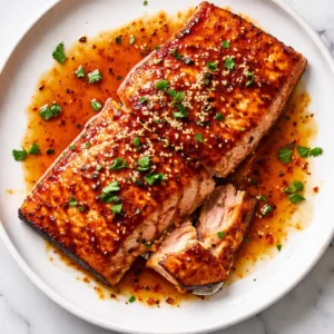 Sticky orange glazed salmon glistening with caramelized sauce in a hot skillet, garnished with sesame seeds and green onions.