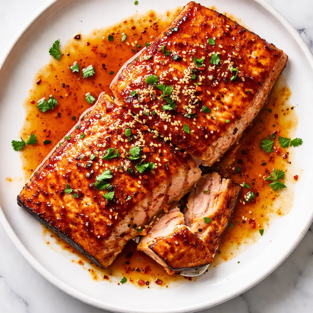 Sticky orange glazed salmon glistening with caramelized sauce in a hot skillet, garnished with sesame seeds and green onions.