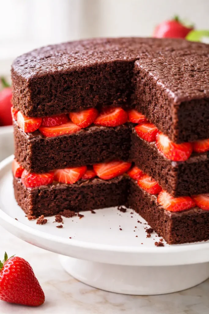 Decadent strawberry chocolate cake with glossy ganache, fresh berry slices, and layered dark sponge, looking rich and bakery-fresh.