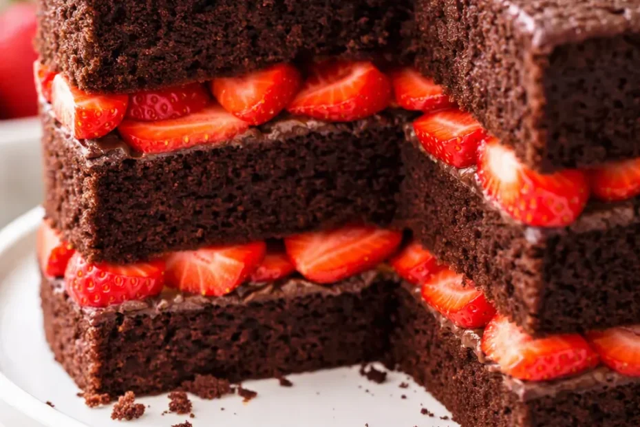 Decadent strawberry chocolate cake with glossy ganache, fresh berry slices, and layered dark sponge, looking rich and bakery-fresh.