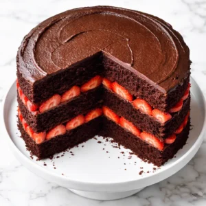 Layering a strawberry chocolate cake with airy strawberry cream and glossy chocolate frosting, garnished with fresh berries.