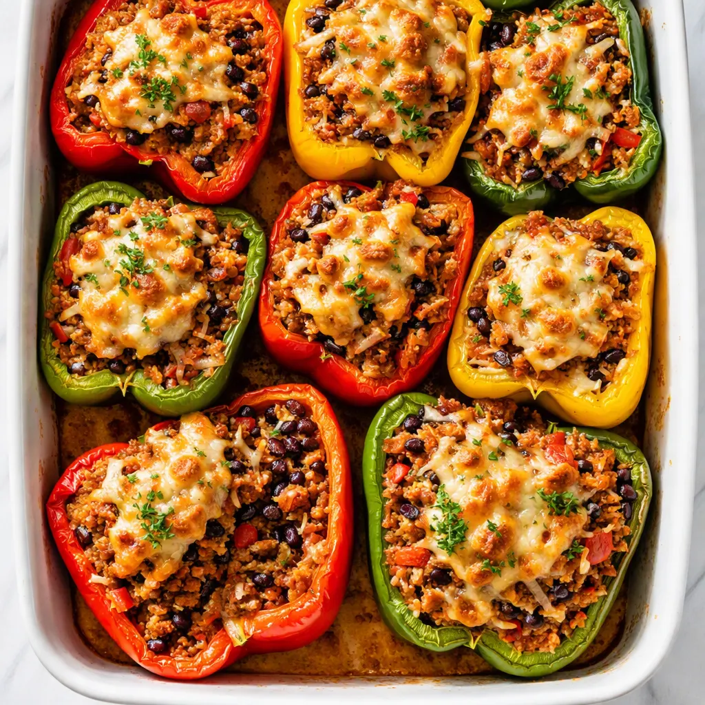 Hands preparing stuffed bell peppers, filling red pepper halves with savory rice and meat mixture, fresh herbs and melted cheese visible.
