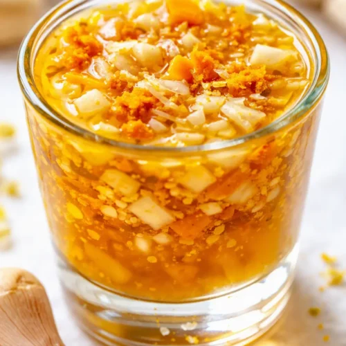 Golden traditional fire cider in a glass jar with fresh garlic, ginger, and chili peppers, glowing and spicy.