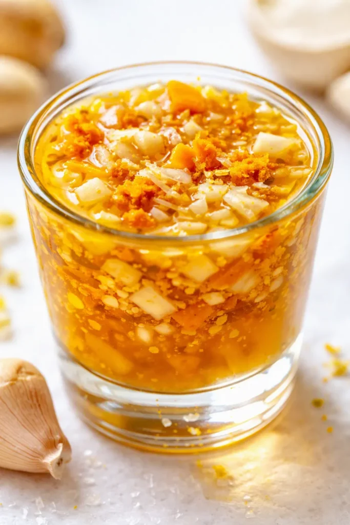 Golden traditional fire cider in a glass jar with fresh garlic, ginger, and chili peppers, glowing and spicy.