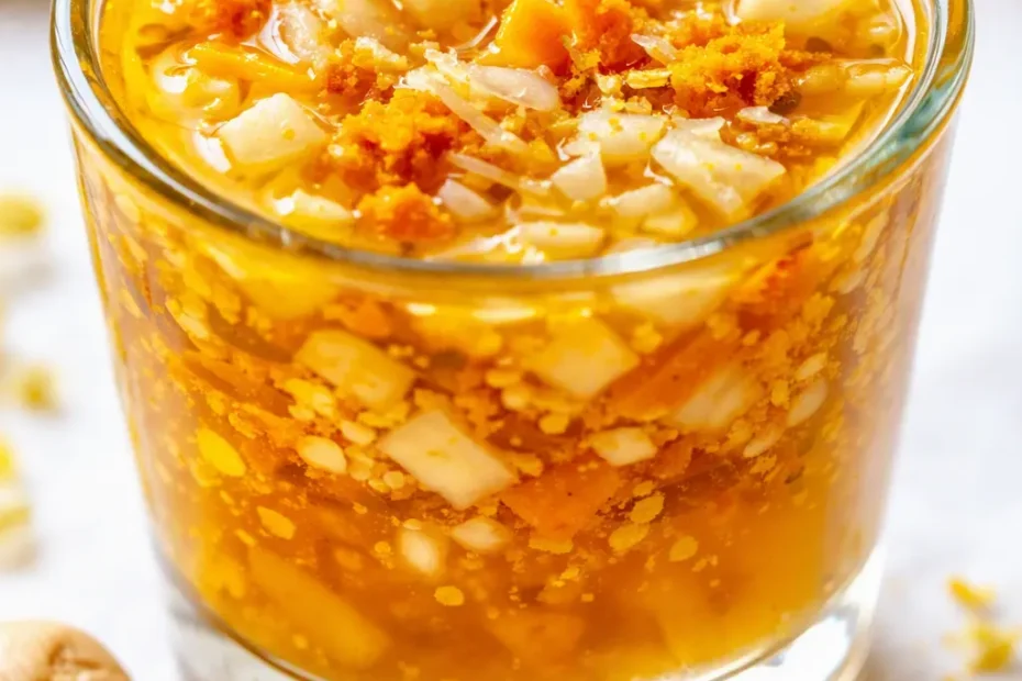 Golden traditional fire cider in a glass jar with fresh garlic, ginger, and chili peppers, glowing and spicy.