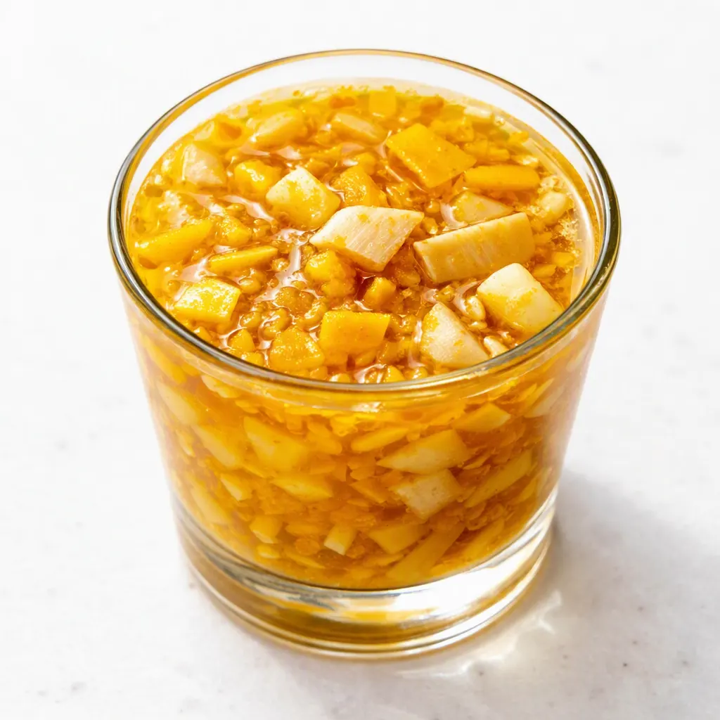 Traditional fire cider steeping in a jar with golden turmeric, fresh ginger, garlic, horseradish, and chili peppers.