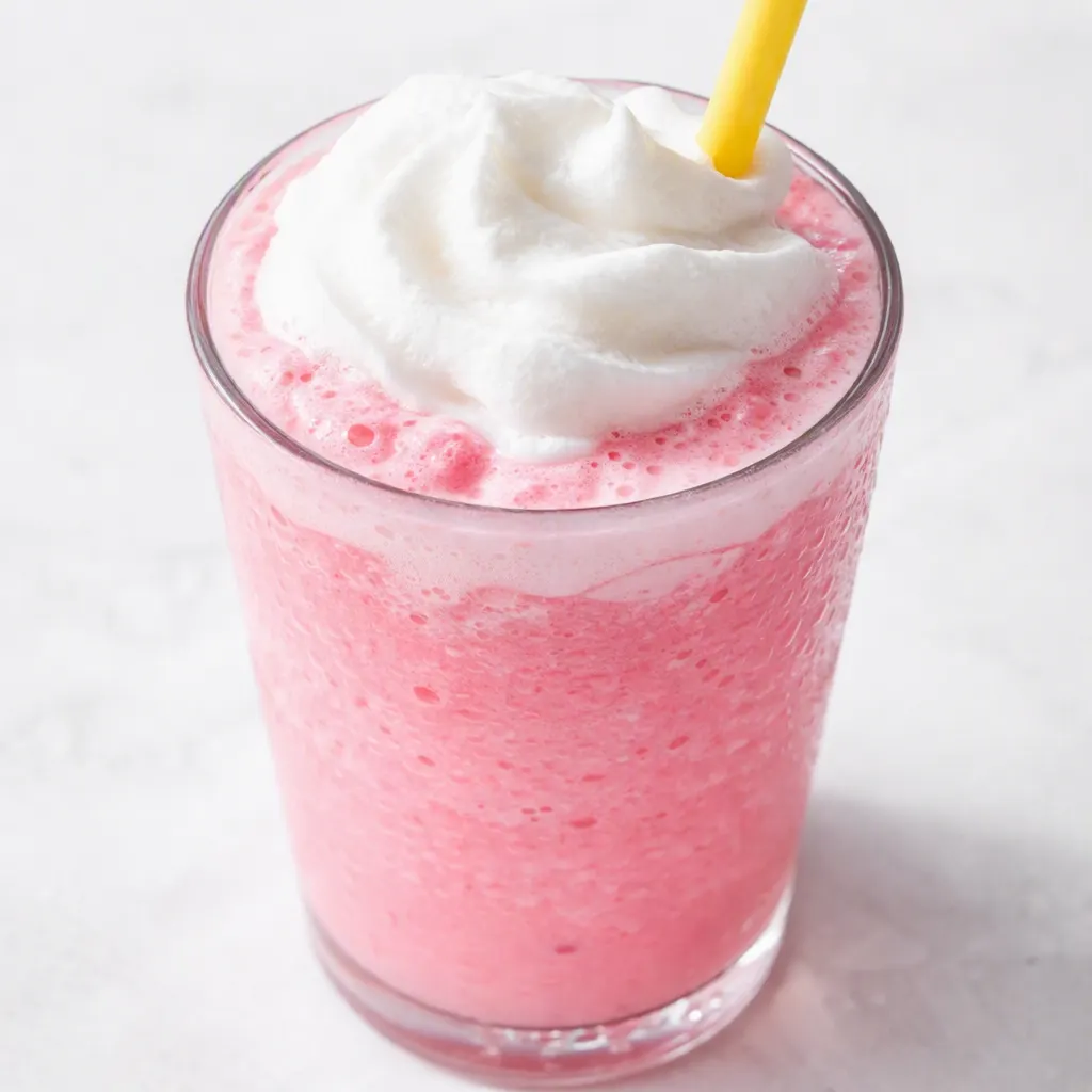 Frosty whipped pink lemonade in a glass with thick frothy pink foam, ice cubes, and a lemon slice.