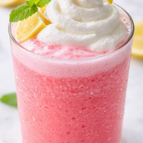 Frosty and frothy whipped pink lemonade in a tall glass with vibrant pink color and lemon garnish
