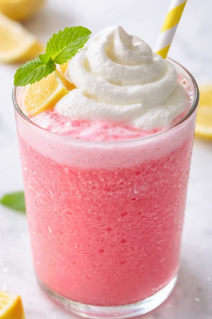 Frosty and frothy whipped pink lemonade in a tall glass with vibrant pink color and lemon garnish