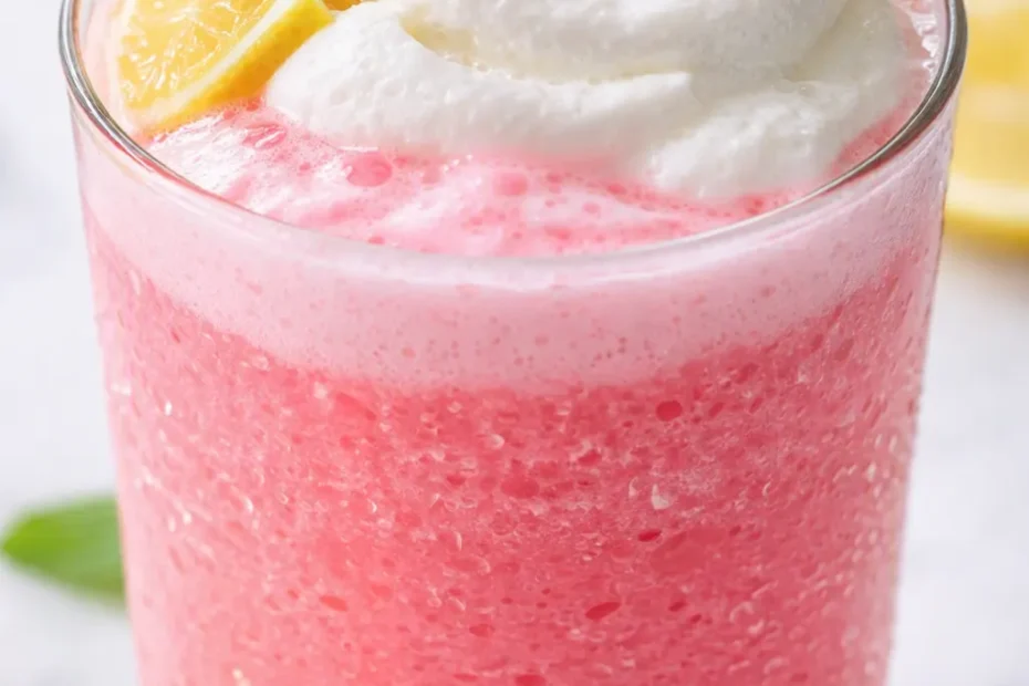 Frosty and frothy whipped pink lemonade in a tall glass with vibrant pink color and lemon garnish