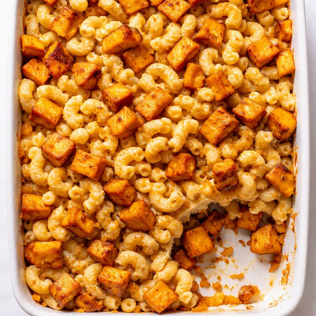 Cremiger Butternut-Kürbis-Salbei-Makkaroni-Auflauf mit goldbrauner Käsekruste, leuchtend orangefarbenem Kürbis und frischen Salbeiblättern.