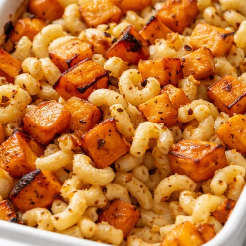 Goldbrauner Butternut-Kürbis-Salbei-Makkaroni-Auflauf mit cremiger Füllung, goldener Käsekruste und frischen Salbeiblättern.