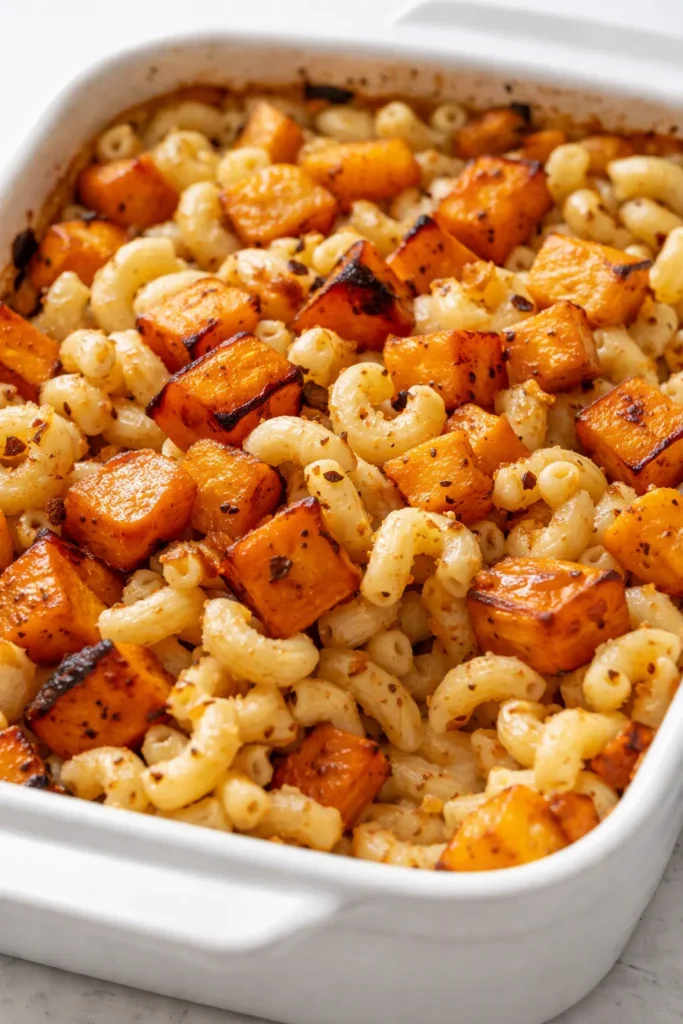 Goldbrauner Butternut-Kürbis-Salbei-Makkaroni-Auflauf mit cremiger Füllung, goldener Käsekruste und frischen Salbeiblättern.