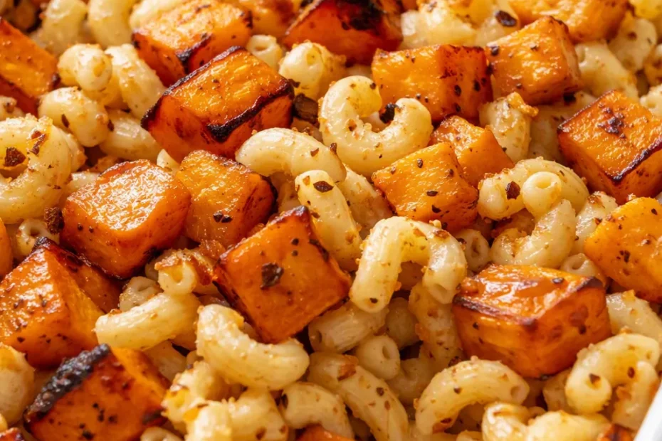 Goldbrauner Butternut-Kürbis-Salbei-Makkaroni-Auflauf mit cremiger Füllung, goldener Käsekruste und frischen Salbeiblättern.