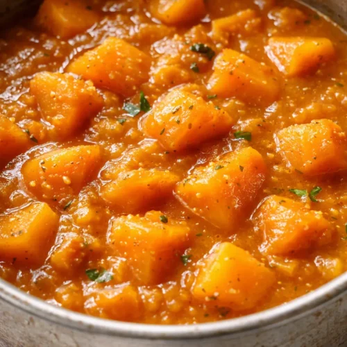 Cremiger Butternut-Kürbis-Sambar in einer Schüssel, goldgelb und sämig, mit Koriander und Senfsamen garniert.