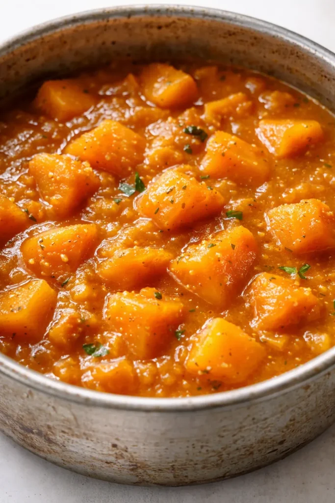 Cremiger Butternut-Kürbis-Sambar in einer Schüssel, goldgelb und sämig, mit Koriander und Senfsamen garniert.