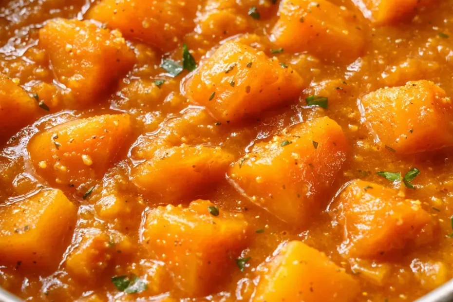Cremiger Butternut-Kürbis-Sambar in einer Schüssel, goldgelb und sämig, mit Koriander und Senfsamen garniert.