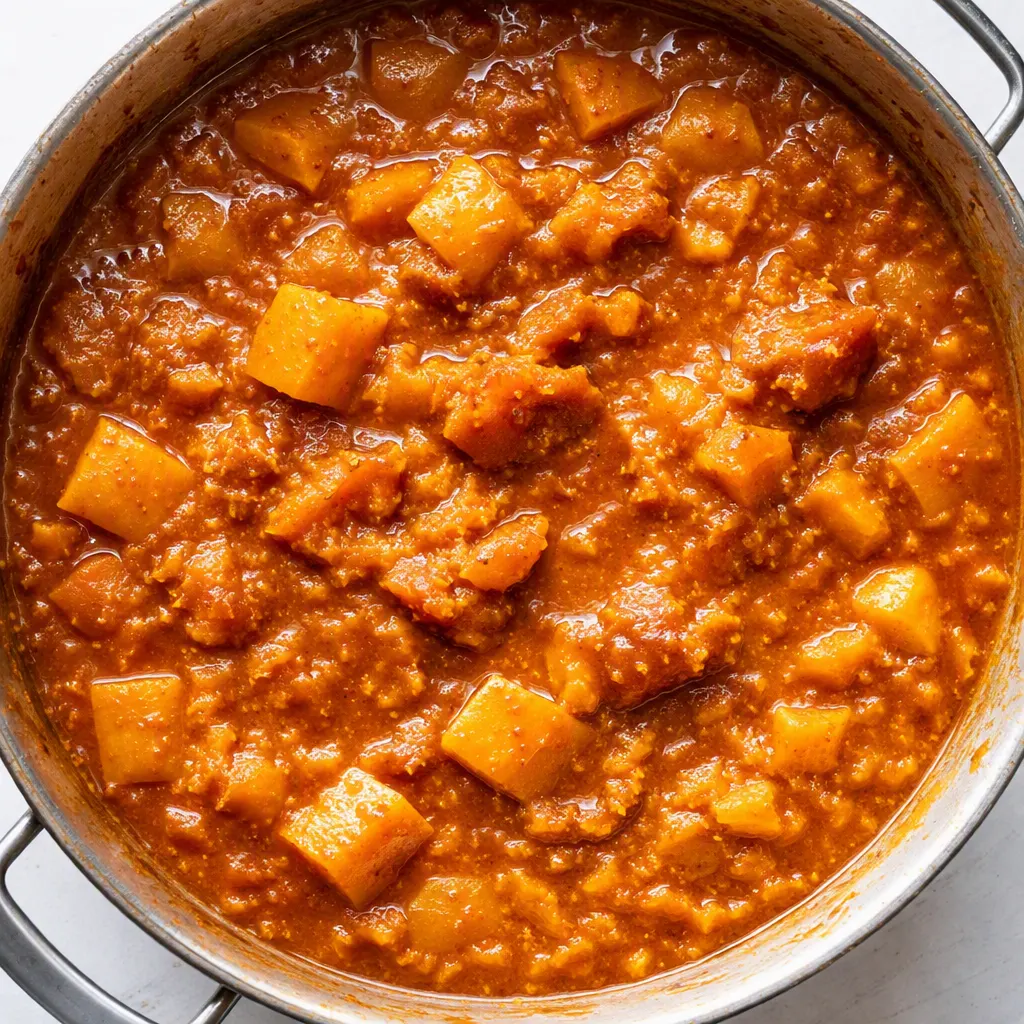 Sämiger Butternut Kürbis Sambar im Topf, goldgelbe Kürbiswürfel, rote Linsen und frische Kräuter in cremiger Südindien-Sauce.