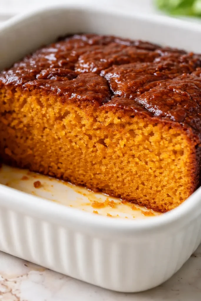 Saftiger Butternut-Kürbiskuchen mit goldbraunen Zimtstreuseln, innen saftig und außen knusprig, auf einem Teller.